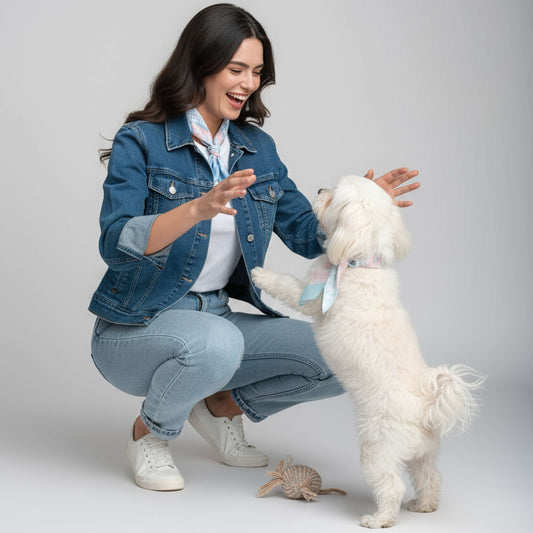 Woman in denim jacket and jeans interacting with a white dog on a plain background