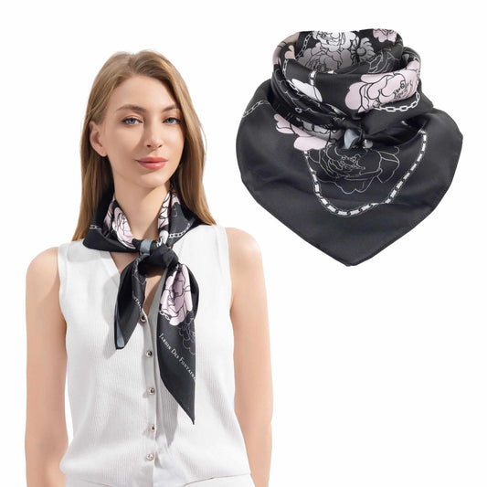 Classy and Fabulous Peony Black Silky Scarf (70cm)
