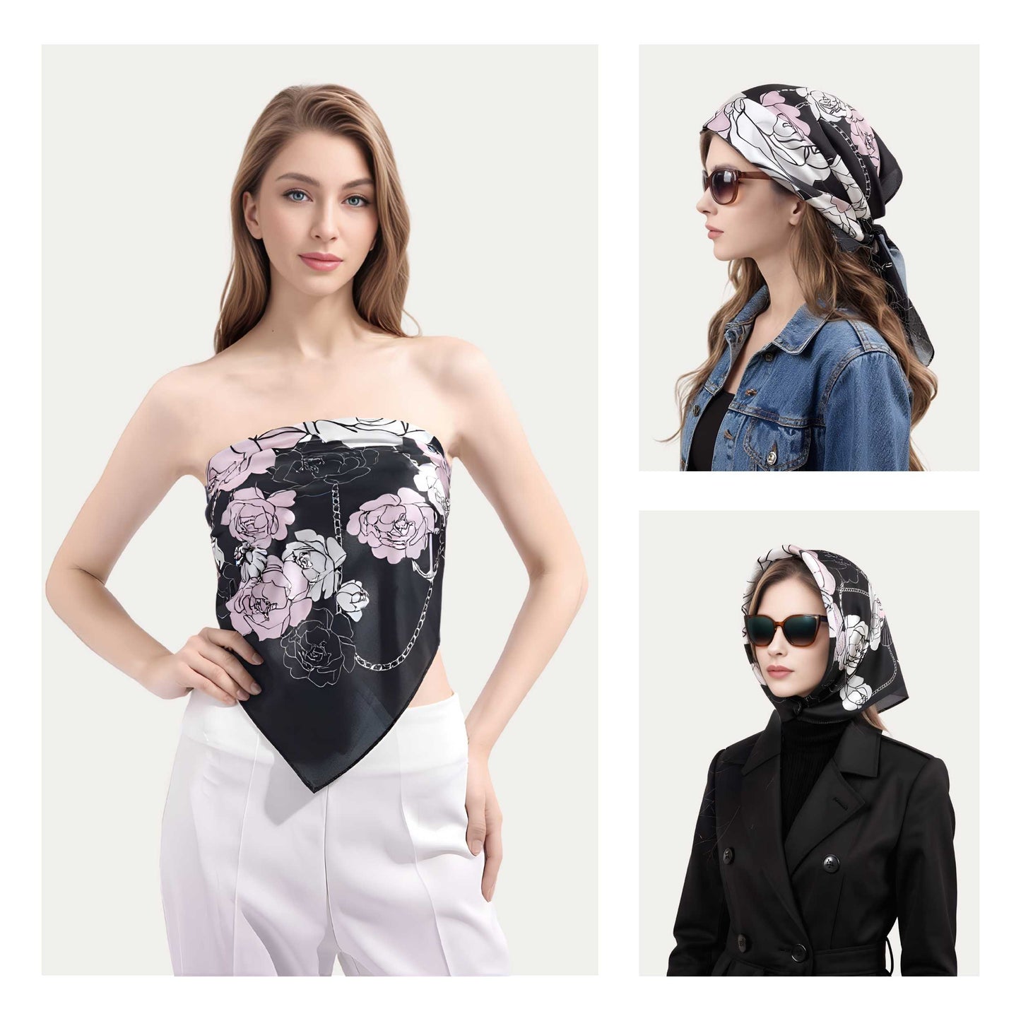 Classy and Fabulous Peony Black Silky Scarf (70cm)