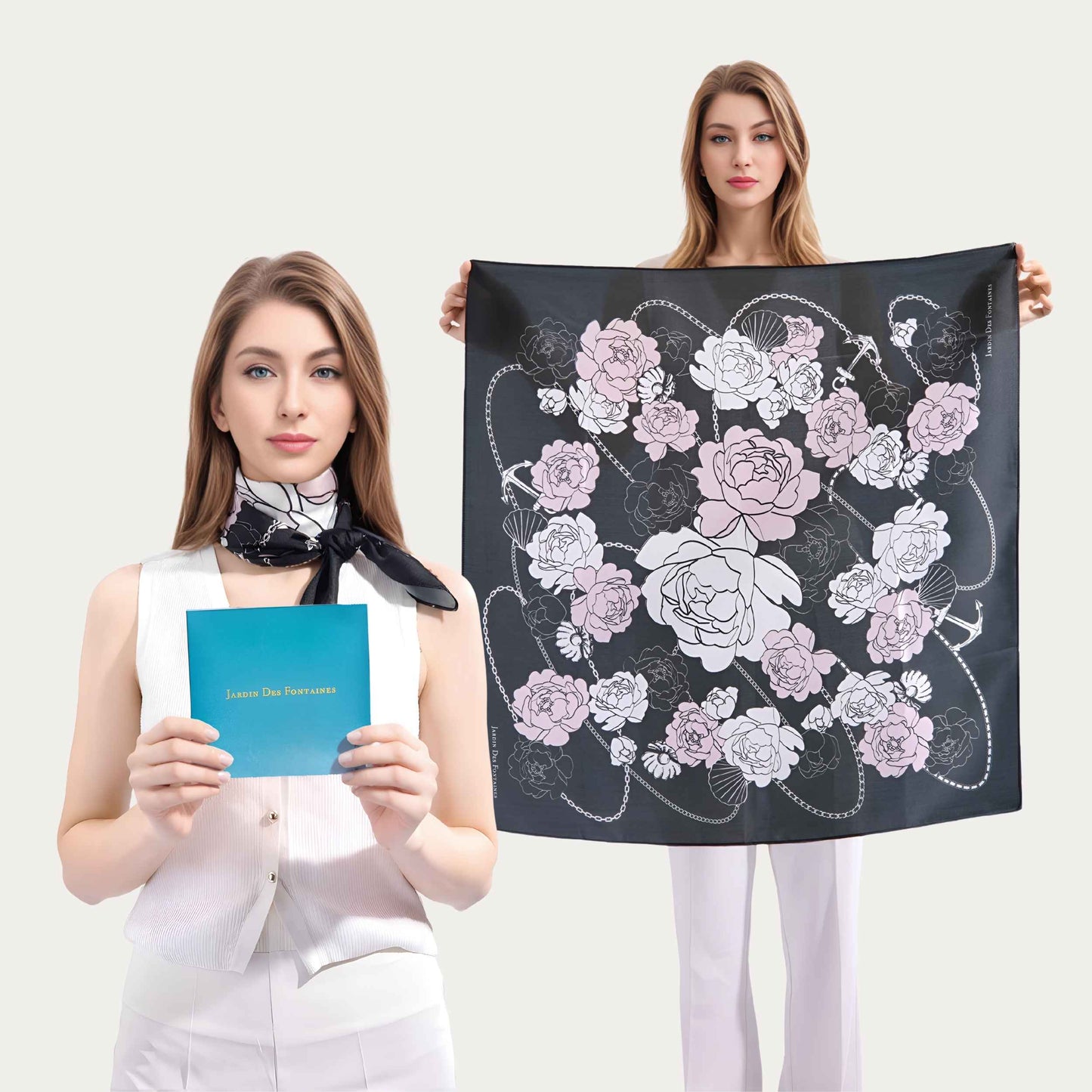 Classy and Fabulous Peony Black Silky Scarf (70cm)