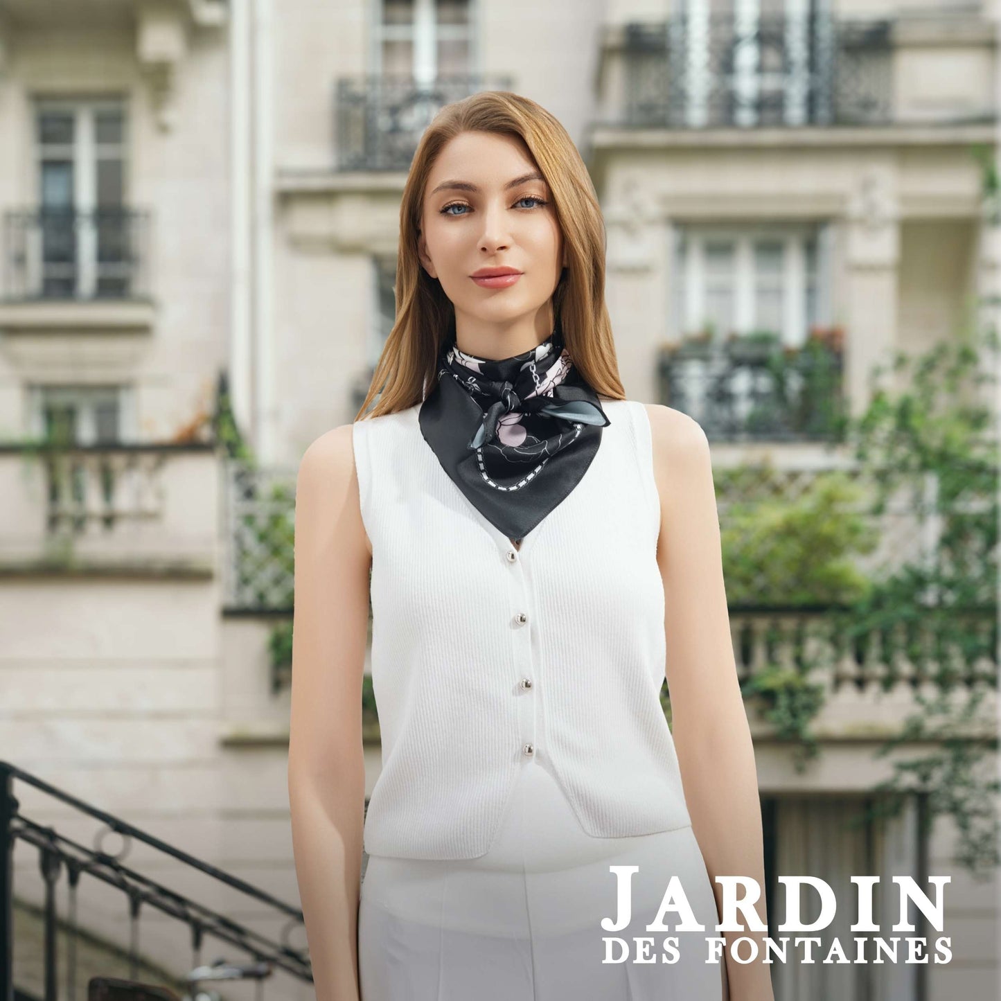 Classy and Fabulous Peony Black Silky Scarf (70cm)