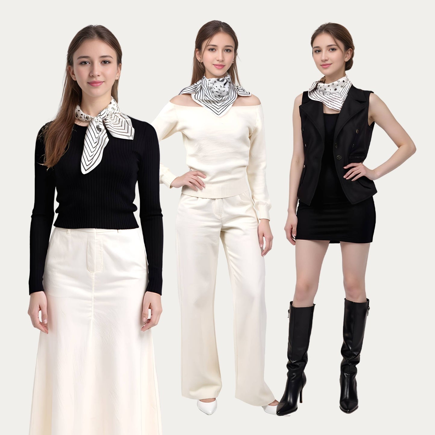 Classy and Fabulous Black & White Silky Scarf (60cm)