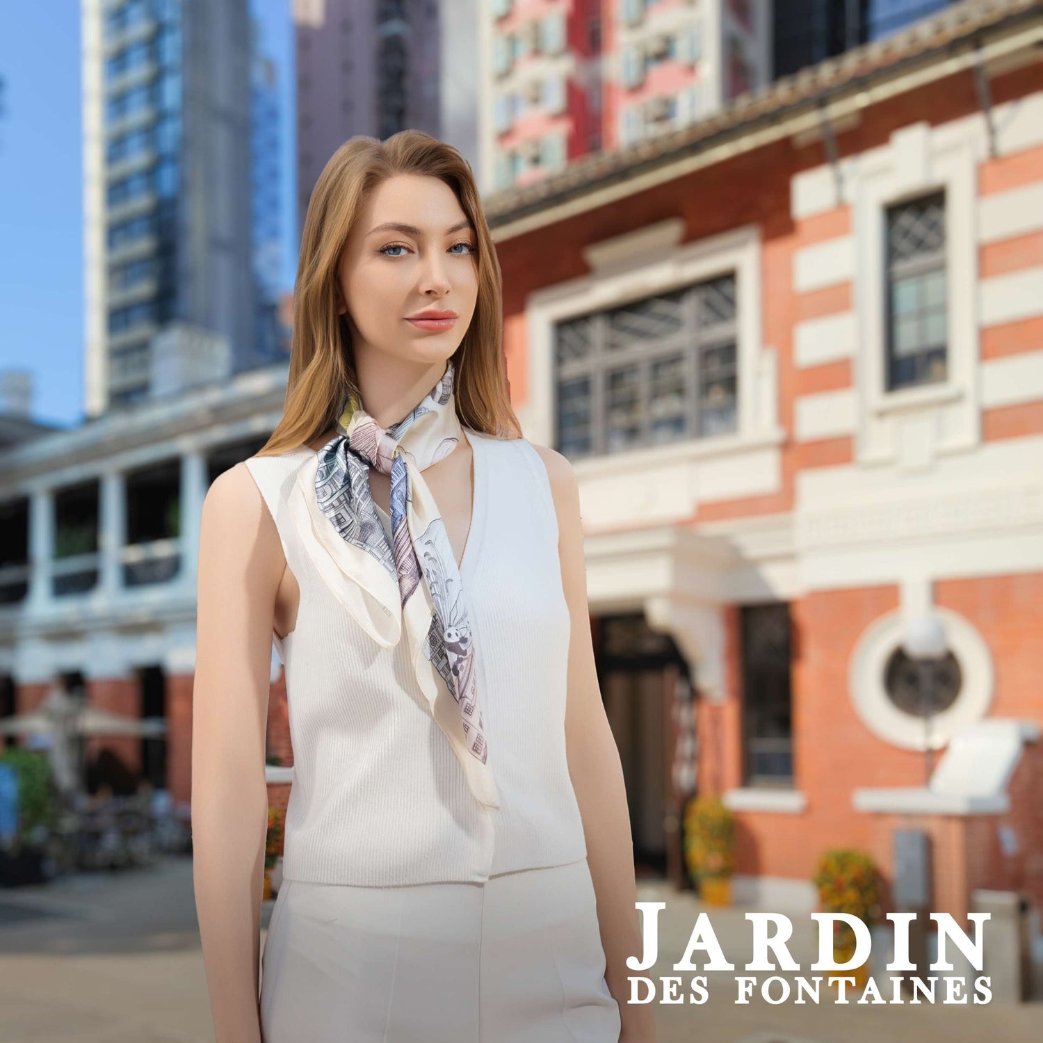 City Tales Honey Beige Silky Scarf (70cm) | JARDIN DES FONTAINES — Eco Scarf, GRS Certified