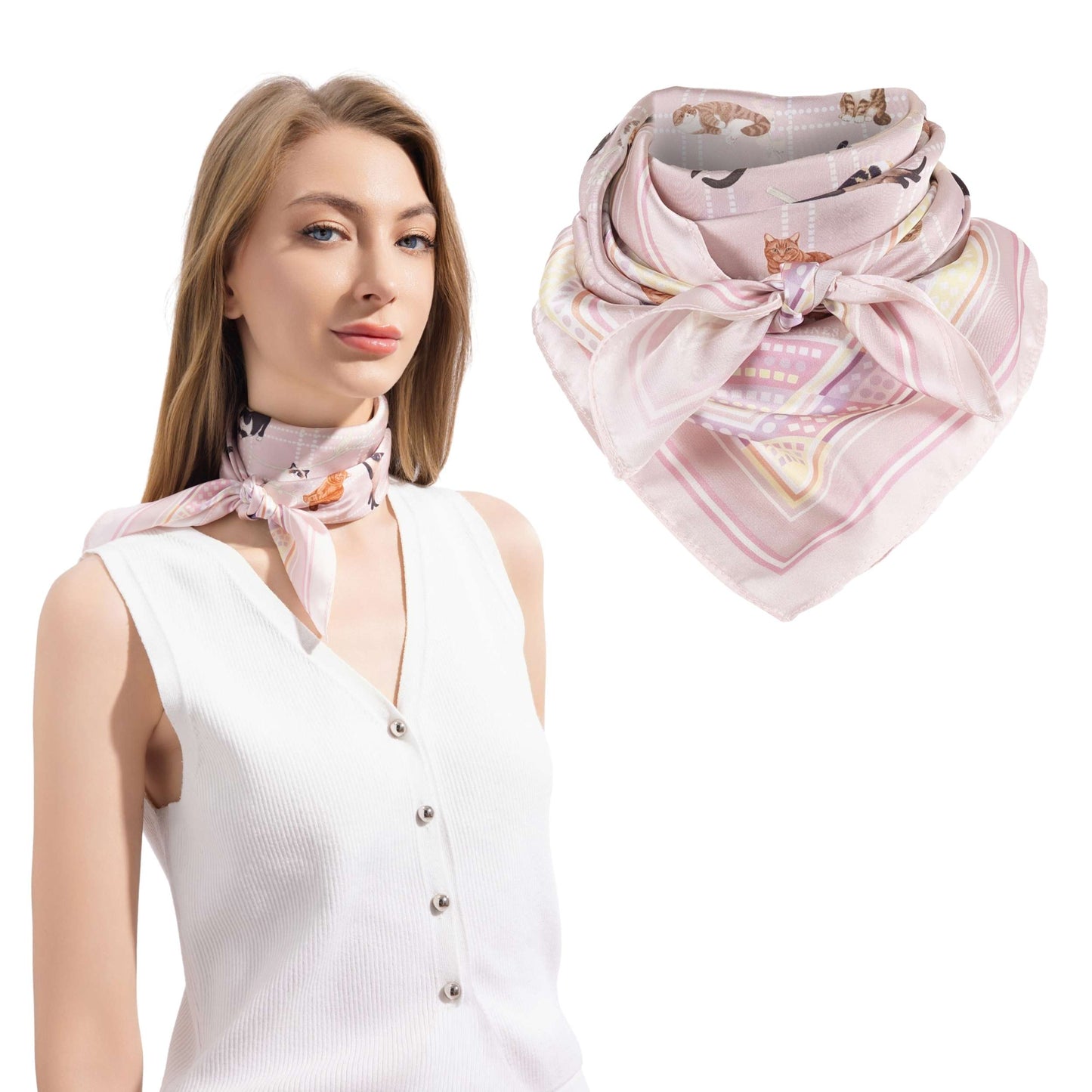 Meow Cuddle Plaid Tea Rose Pink Silky Scarf (70cm)