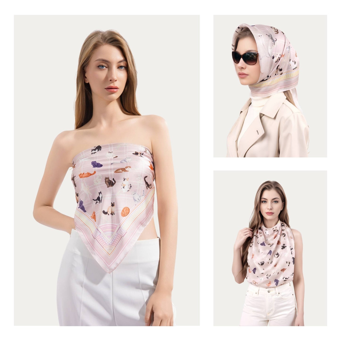 Meow Cuddle Plaid Tea Rose Pink Silky Scarf (70cm)