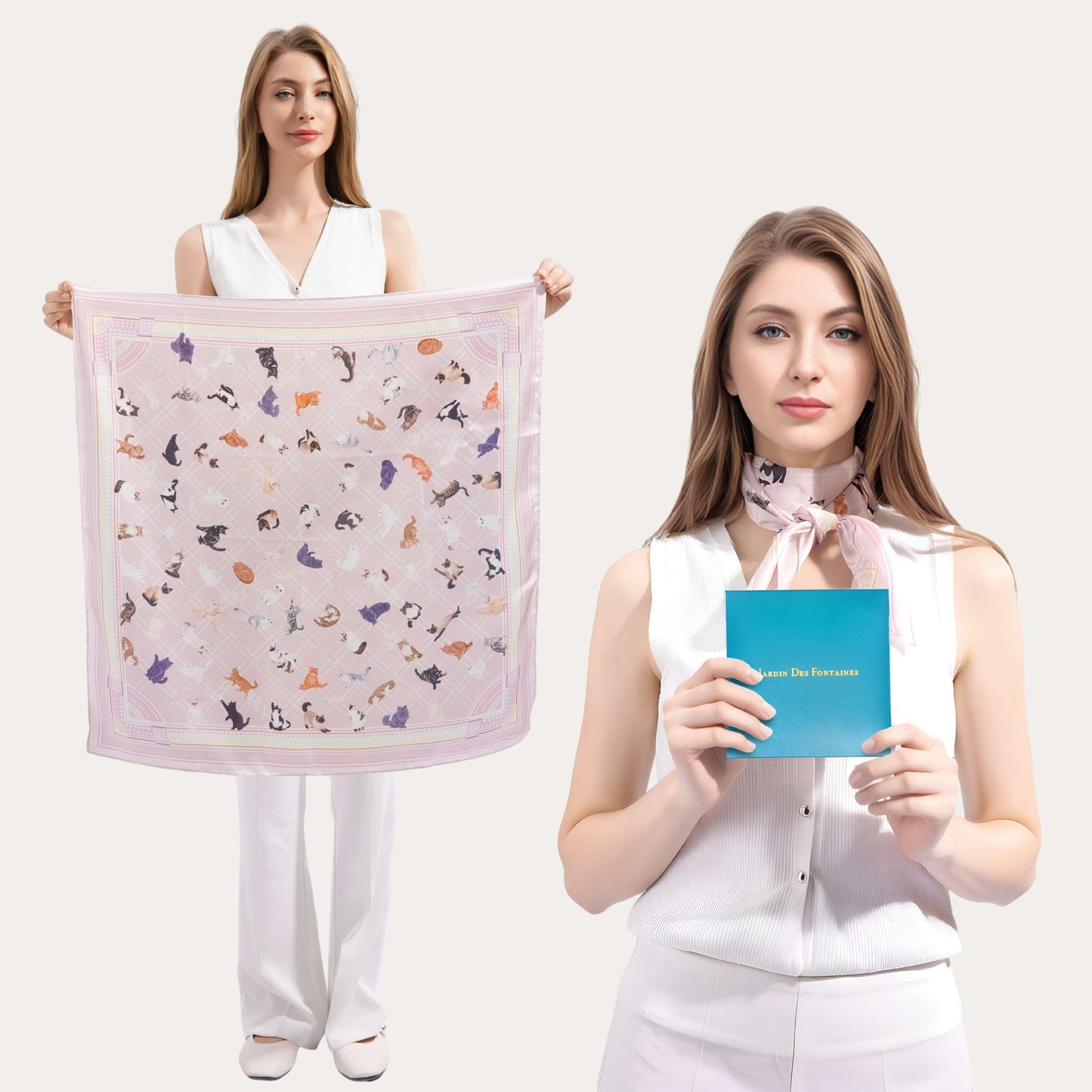 Meow Cuddle Plaid Tea Rose Pink Silky Scarf (70cm)