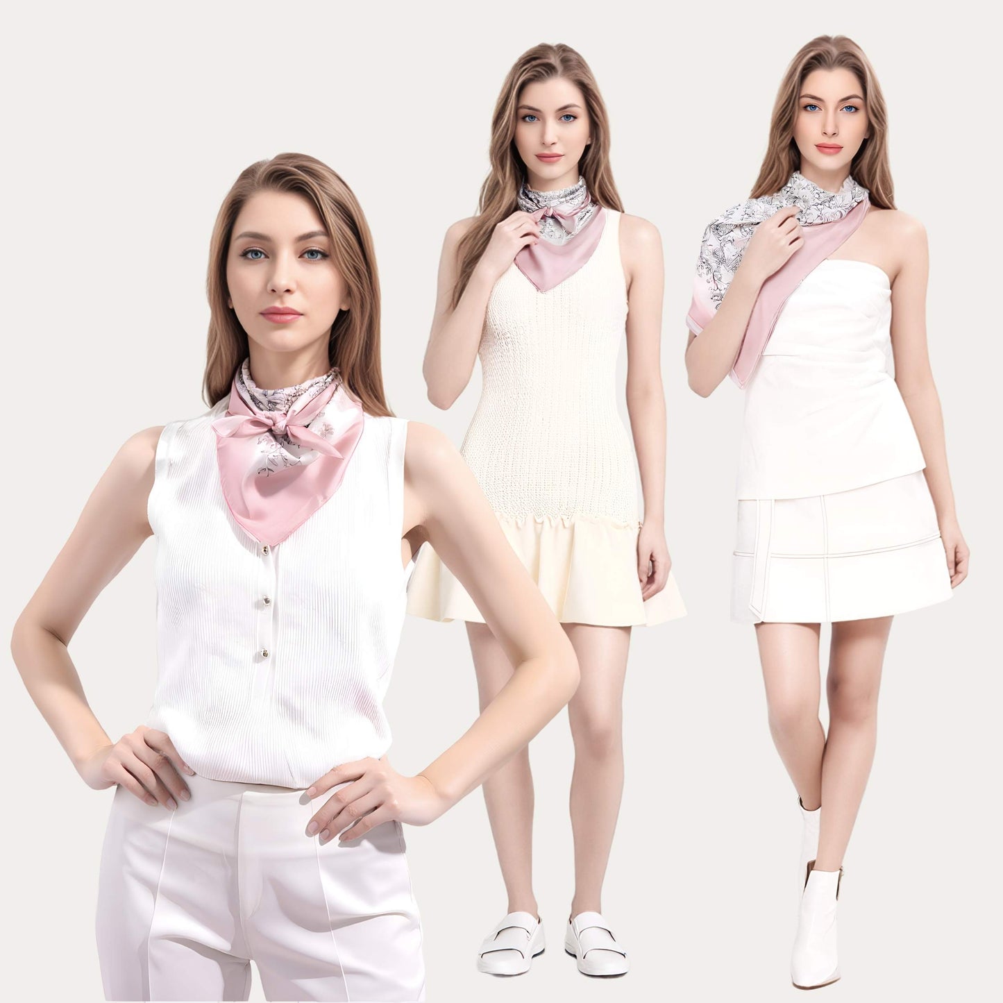 Three images of a woman wearing a white outfit with a pink scarf on a white background