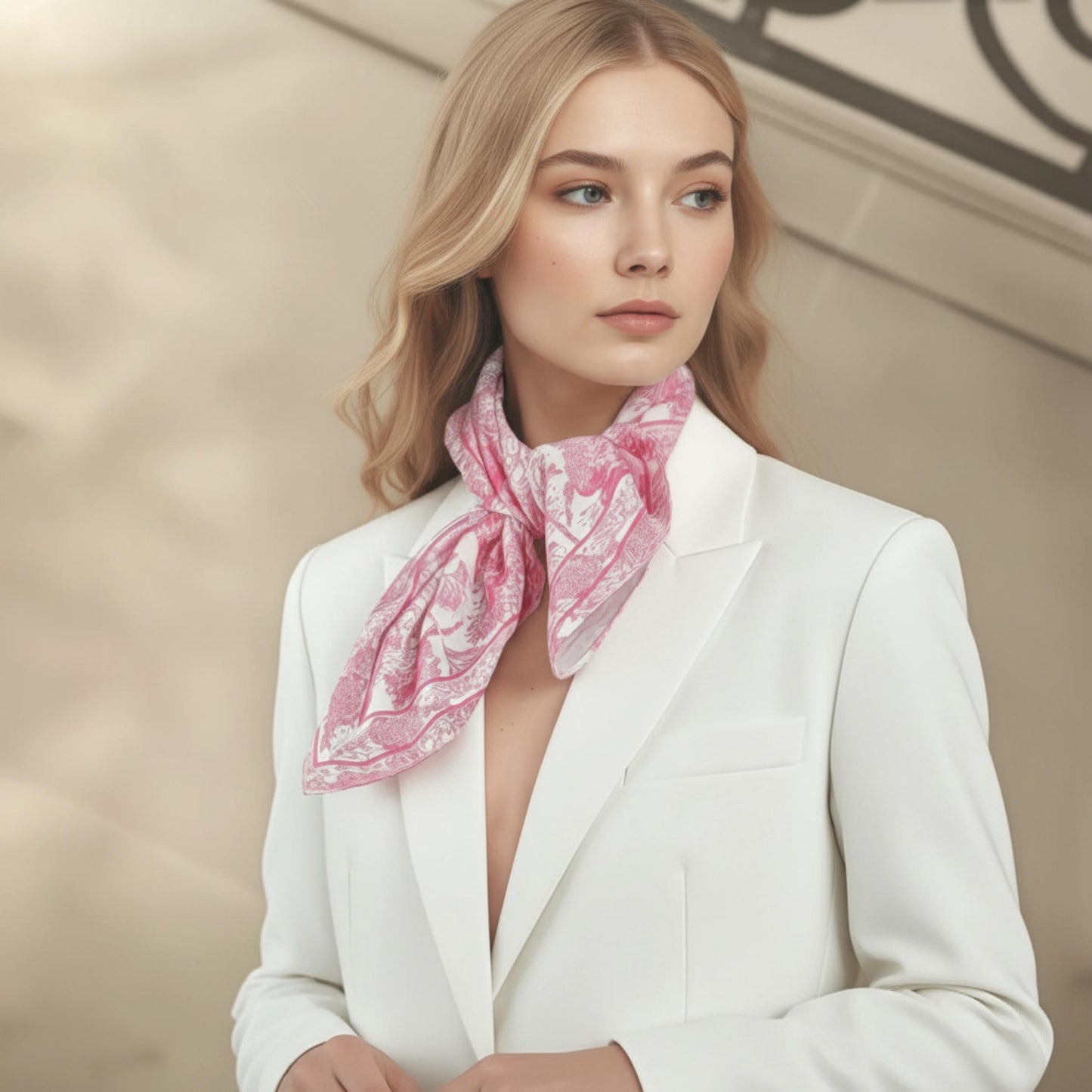 Toile De Jouy Pink Silky Scarf (60cm)