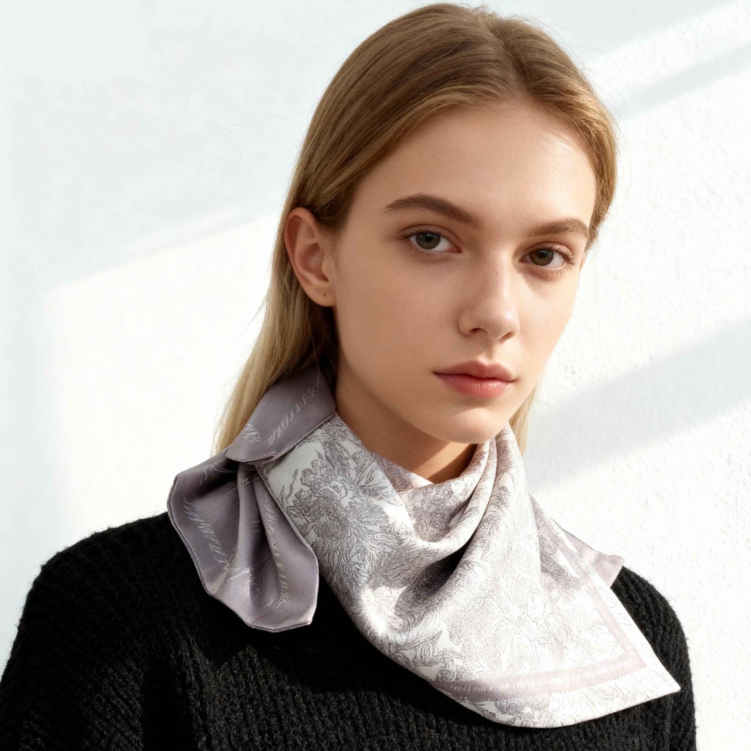 Toile De Jouy Pinkish Gray Silky Scarf Gift Set (Double Face Silky Scarf and Scarf Ring)