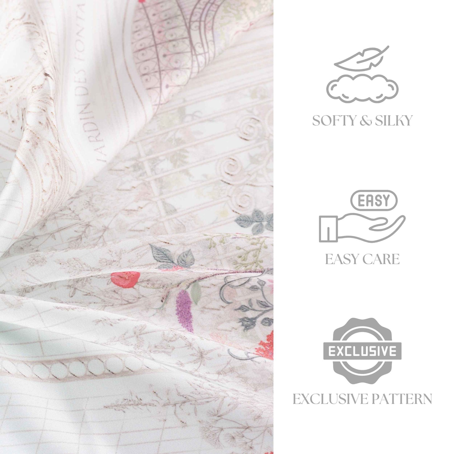 Floral patterned fabric with soft and silky qualities on a white background