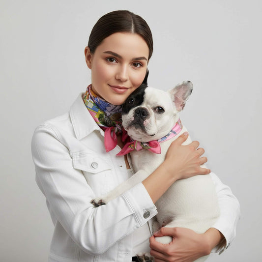 Woman holding a french bulldog wearing a colorful bow tie against a plain background. Pet and Owner twinning outfits, pet fashion.