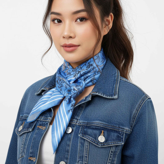 Woman wearing a blue scarf and denim jacket on a white background