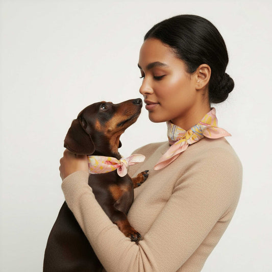 Woman holding a small dog wearing a colorful bow tie against a plain background