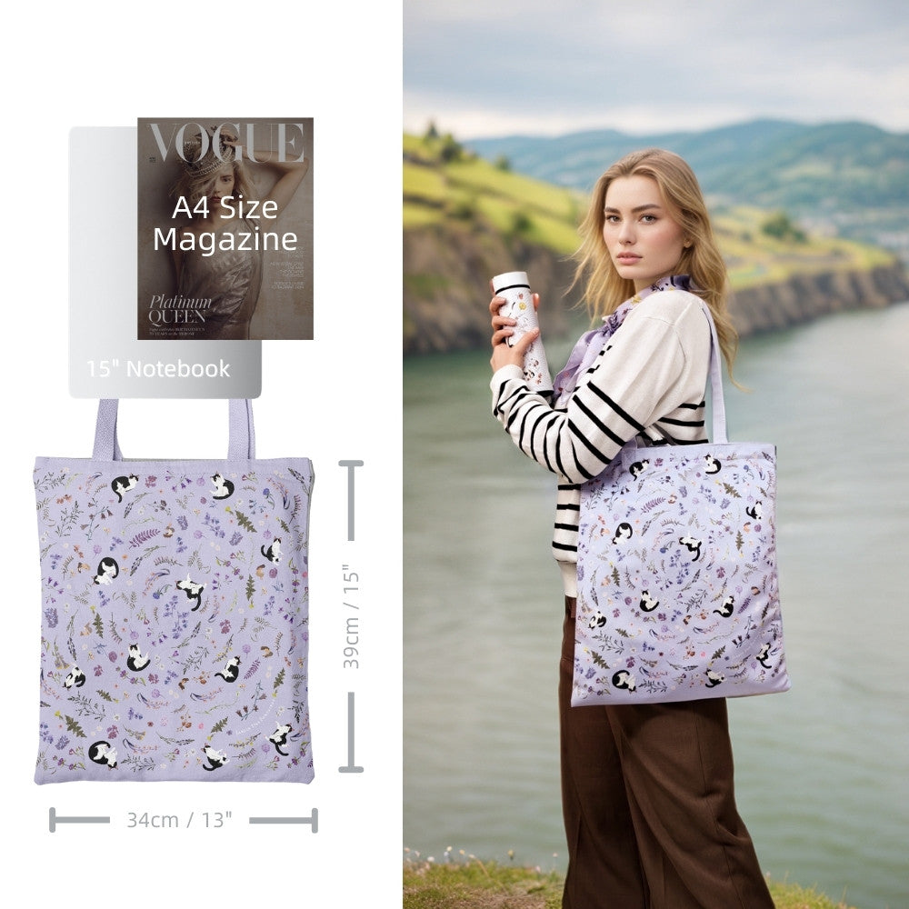 Yogis Cat and Flower Snowball Purple Tote Bag