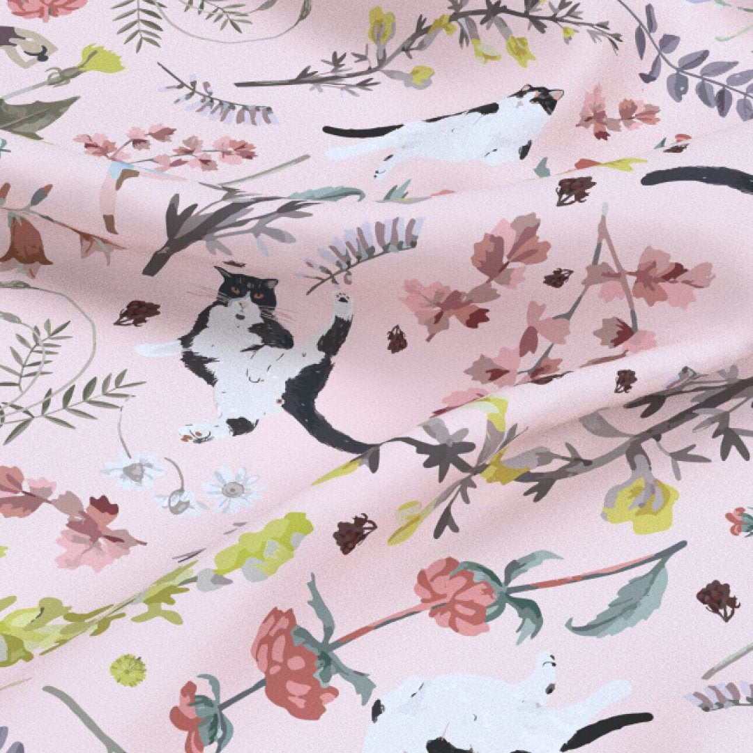 Yogis Cat and Flower Pink Silky Scarf (60cm)