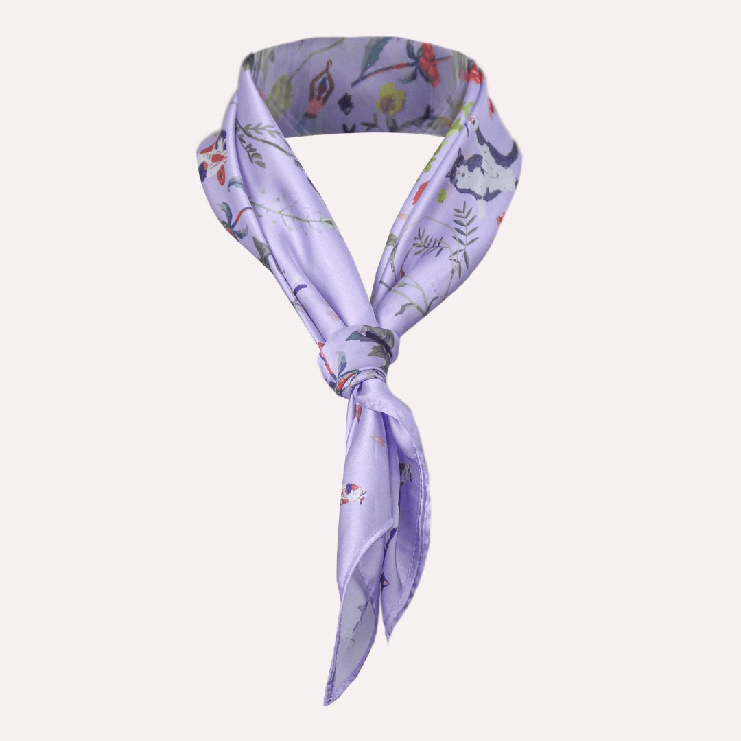 Yogis Cat and Flower Purple Silky Scarf (60cm)