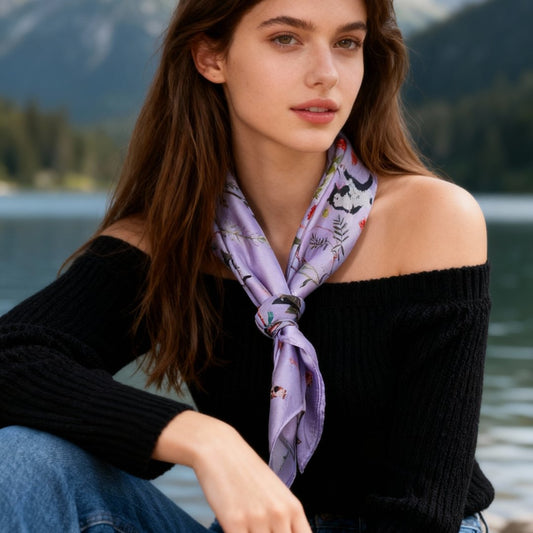 Yogis Cat and Flower Purple Silky Scarf (60cm)