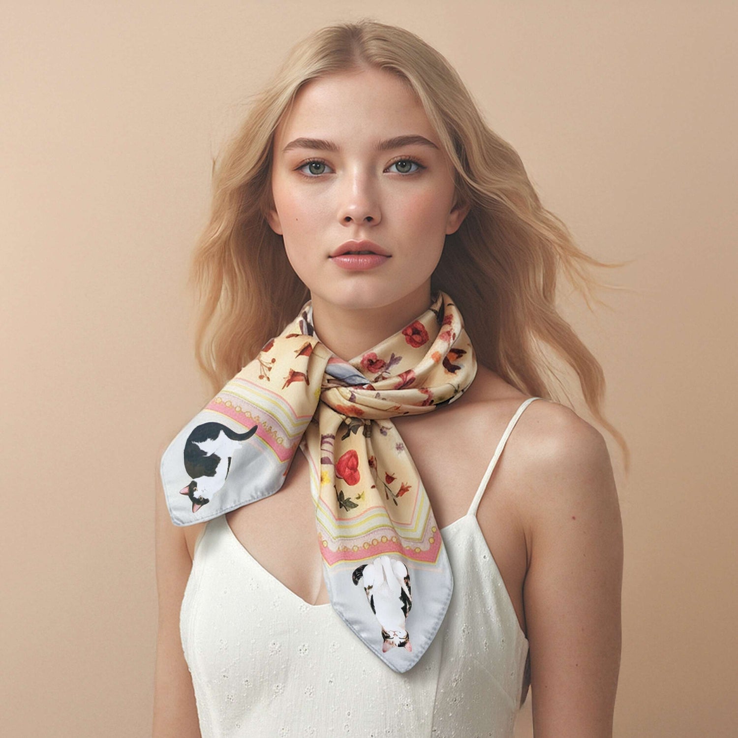 Yogis Cat and Flower Yellow Field Silky Scarf (60cm)