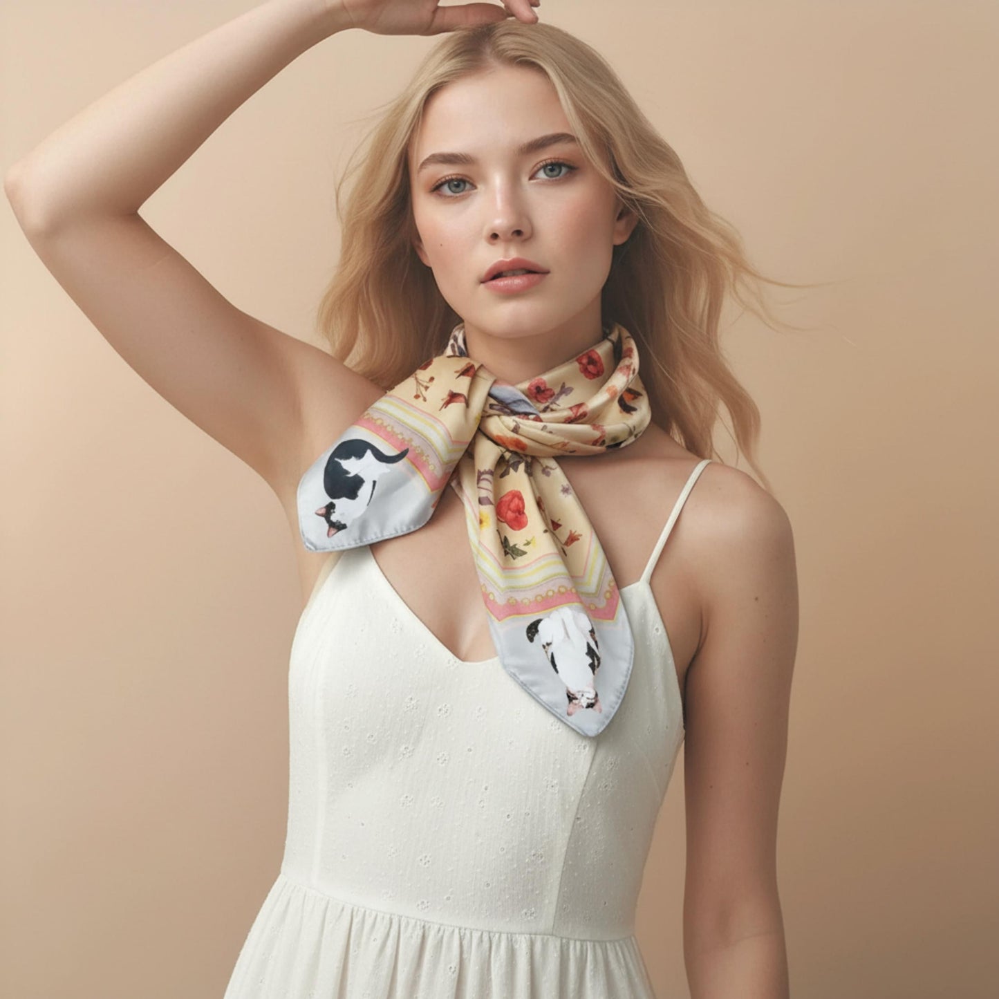 Yogis Cat and Flower Yellow Field Silky Scarf (60cm)
