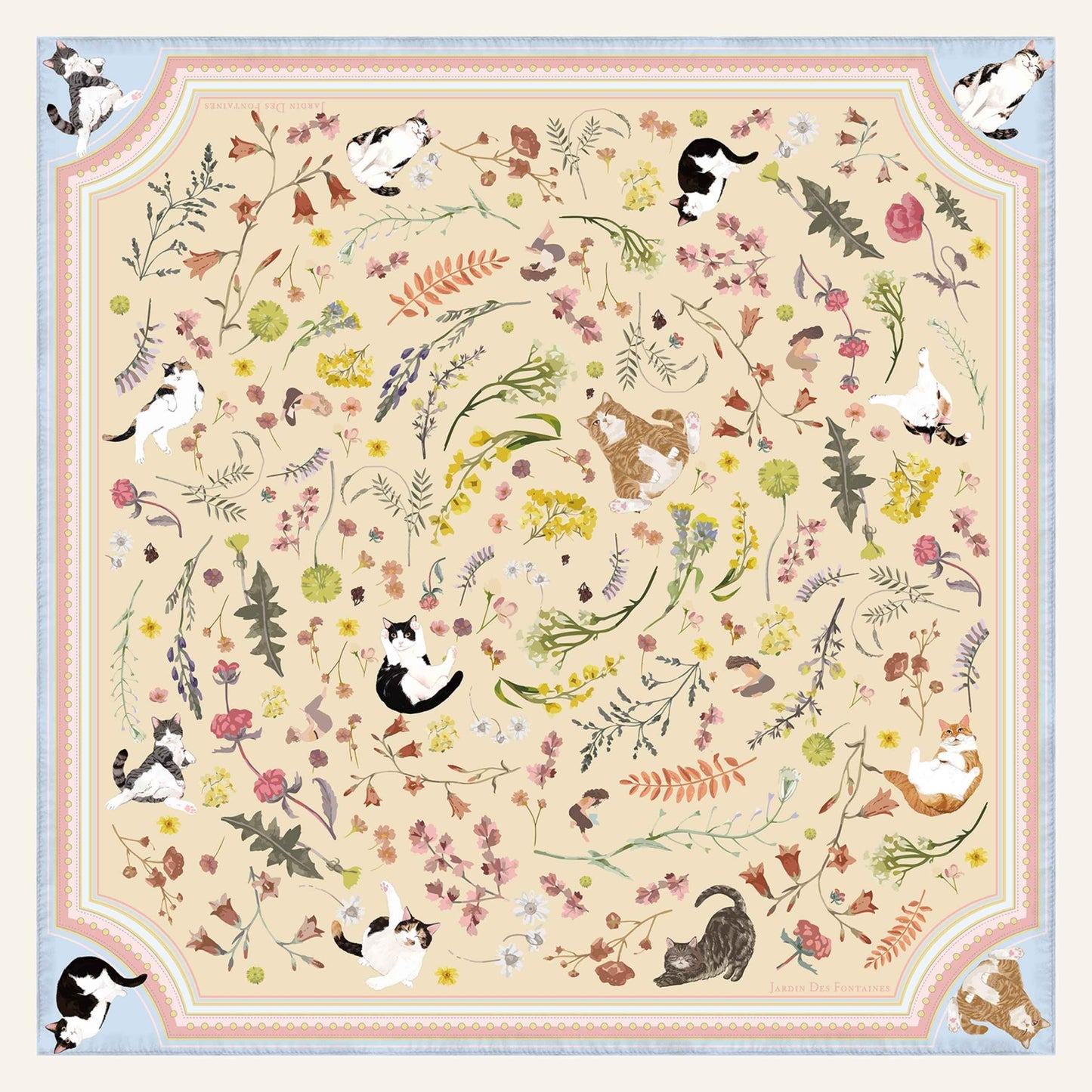 Yogis Cat and Flower Yellow Field Silky Scarf (60cm)