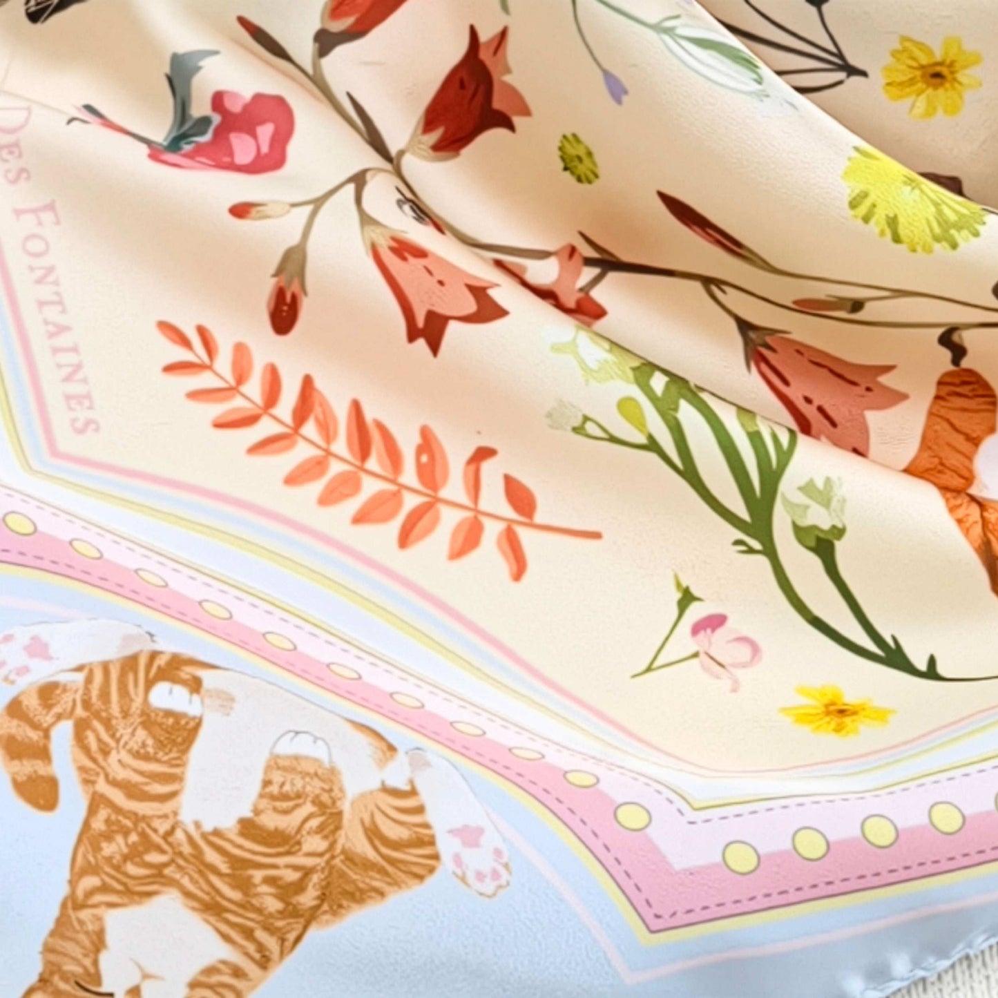 Yogis Cat and Flower Yellow Field Silky Scarf (60cm)