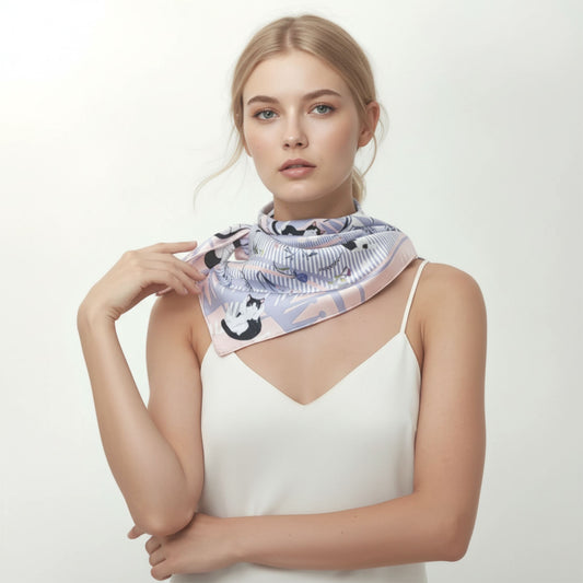 Woman wearing a patterned scarf on a plain background