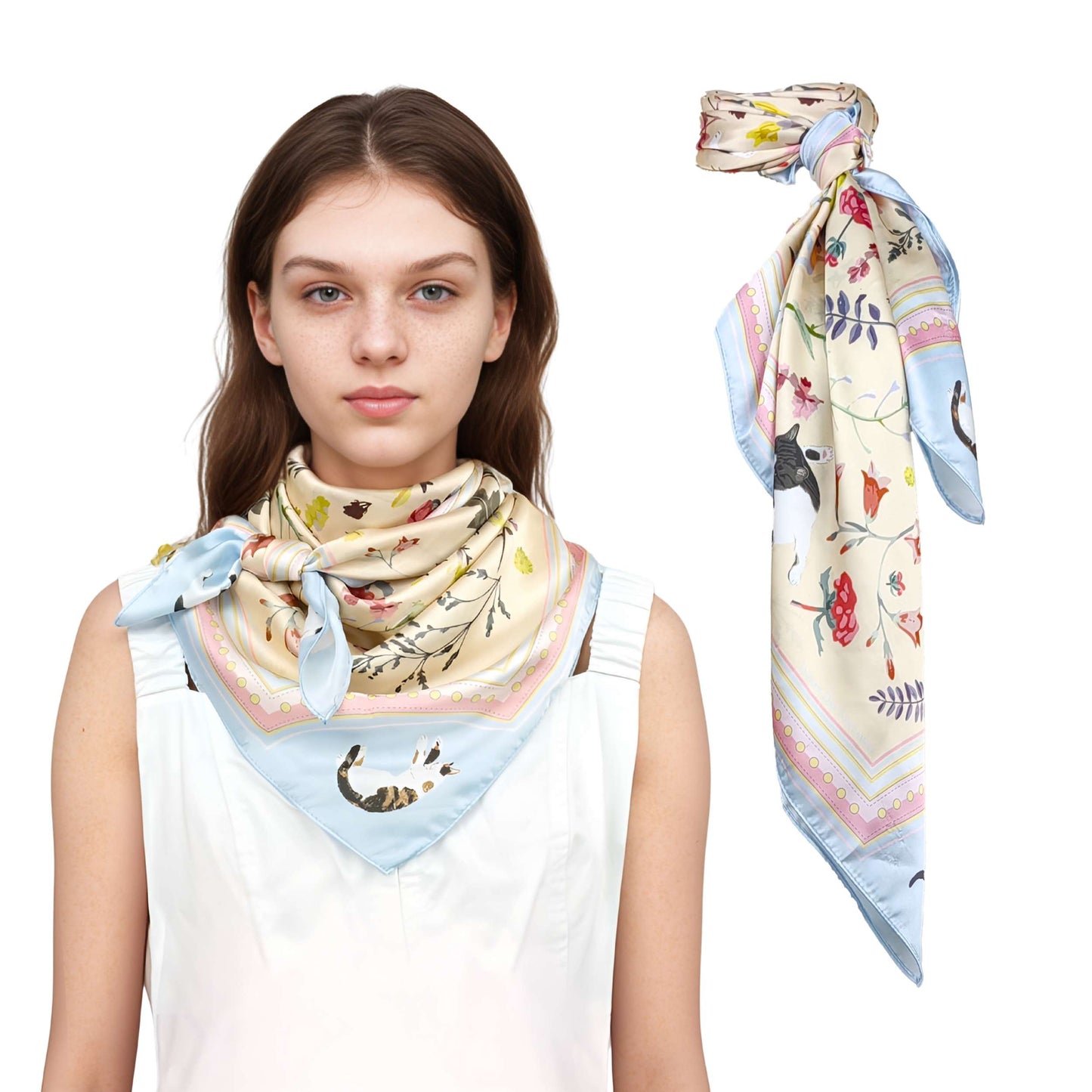 Yogis Cat and Flower Yellow Field Silky Scarf (90cm)