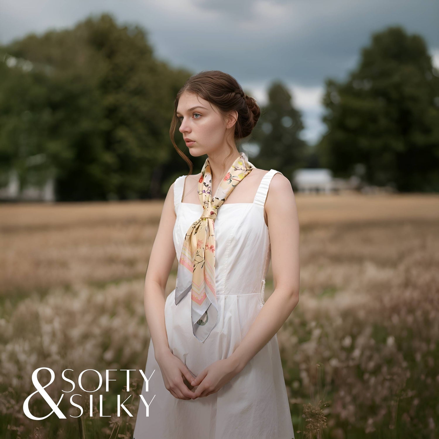 Woman in a white dress with a colorful scarf standing in a field, with 'Softy & Silky' branding.