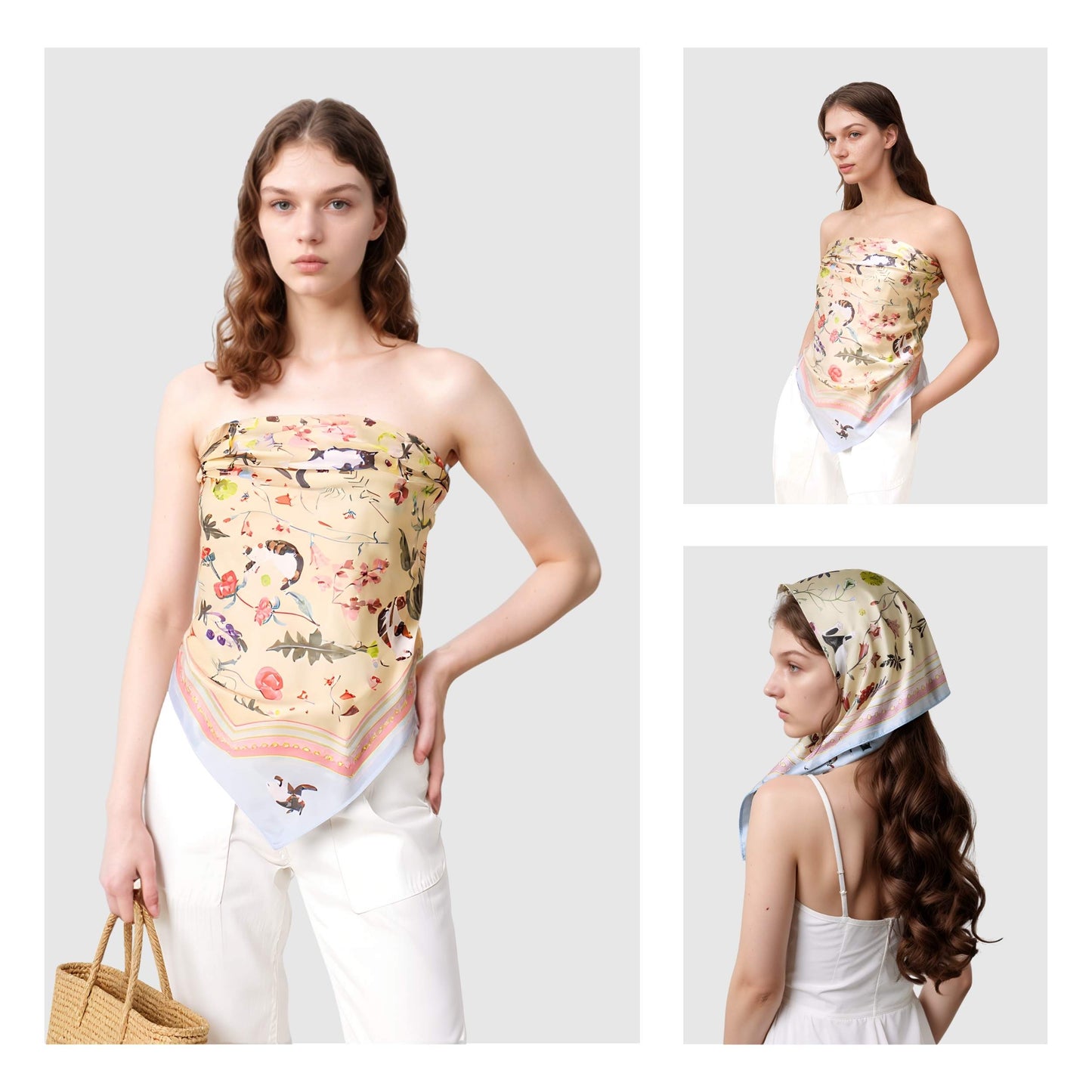 Yogis Cat and Flower Yellow Field Silky Scarf (90cm)