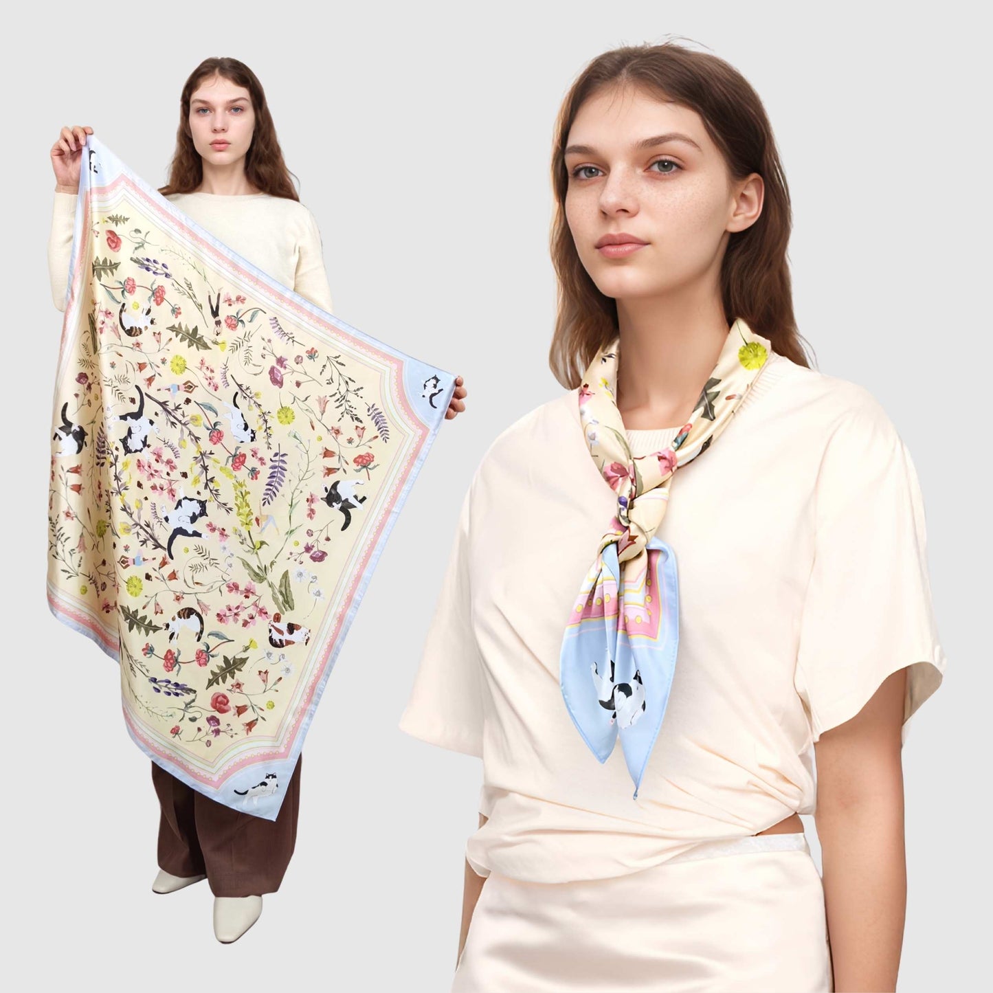 Yogis Cat and Flower Yellow Field Silky Scarf (90cm)