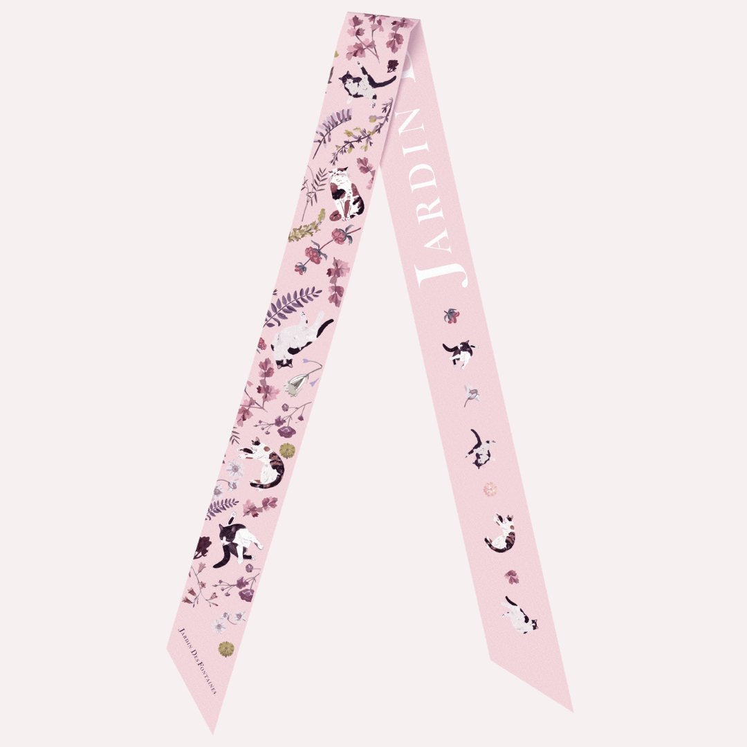 Yogis Cat and Flower Pink Field Twilly Silky Scarf (105cm)