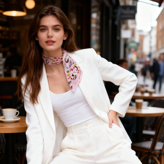 Yogis Cat and Flower Pink Field Twilly Silky Scarf (105cm)