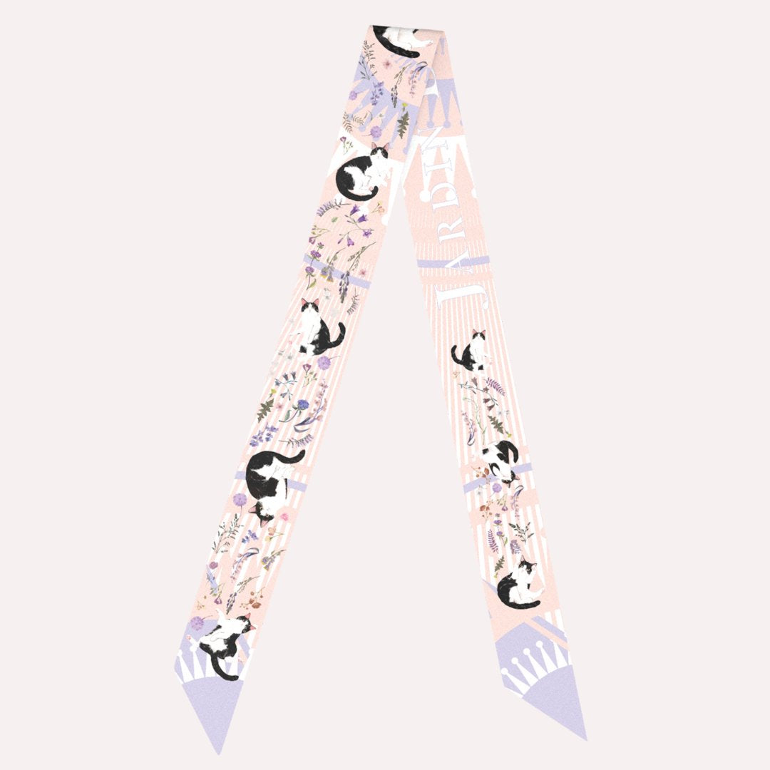 Yogis Cat and Flower Pink and Purple Twilly Silky Scarf (105cm)