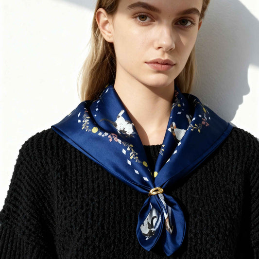 Yogis Cat and Flower Navy Tatra Mountain Silky Scarf Gift Set (Double Face Silky Scarf and Scarf Ring)