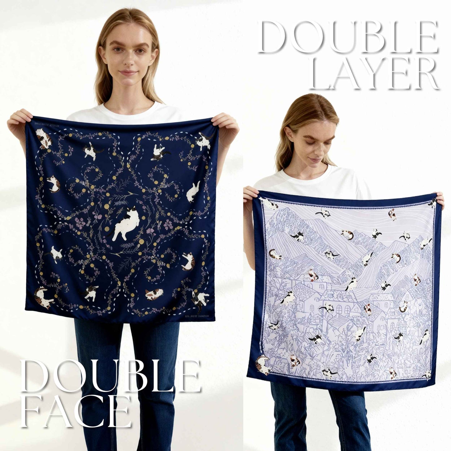 Yogis Cat and Flower Navy Tatra Mountain Silky Scarf Gift Set (Double Face Silky Scarf and Scarf Ring)