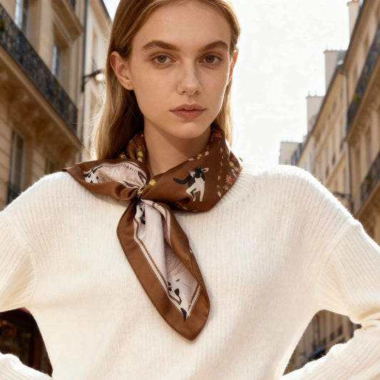 Yogis Cat and Flower Brown Tatra Mountain Silky Scarf Gift Set (Double Face Silky Scarf and Scarf Ring)