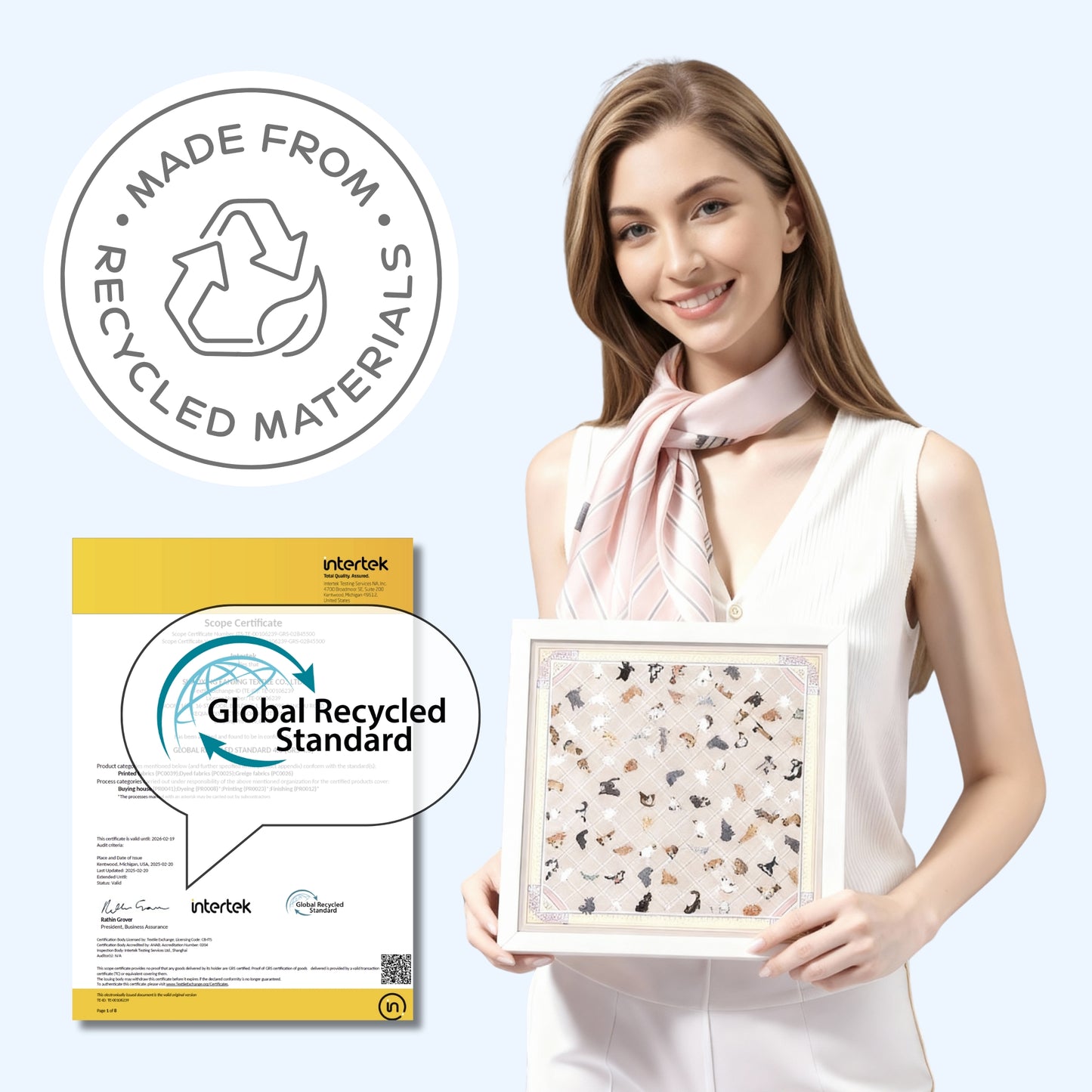 Woman holding a framed artwork with recycled materials label and Intertek certification on packaging.
Sustainable Fashion Scarf
Designed for style, made with care.
• Eco-friendly elegance
• GRS Certified
• Recycled materials
• Sustainable by Design
• ESG values at heart