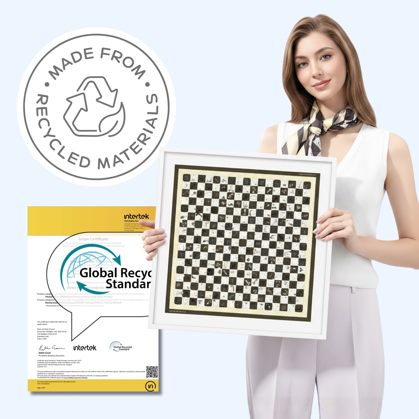 Woman holding a patterned product with 'Made from Recycled Materials' label and Intertek Global Recycling Standard certification. Sustainable Fashion Scarf
Designed for style, made with care.
• Eco-friendly elegance
• GRS Certified
• Recycled materials
• Sustainable by Design
• ESG values at heart
