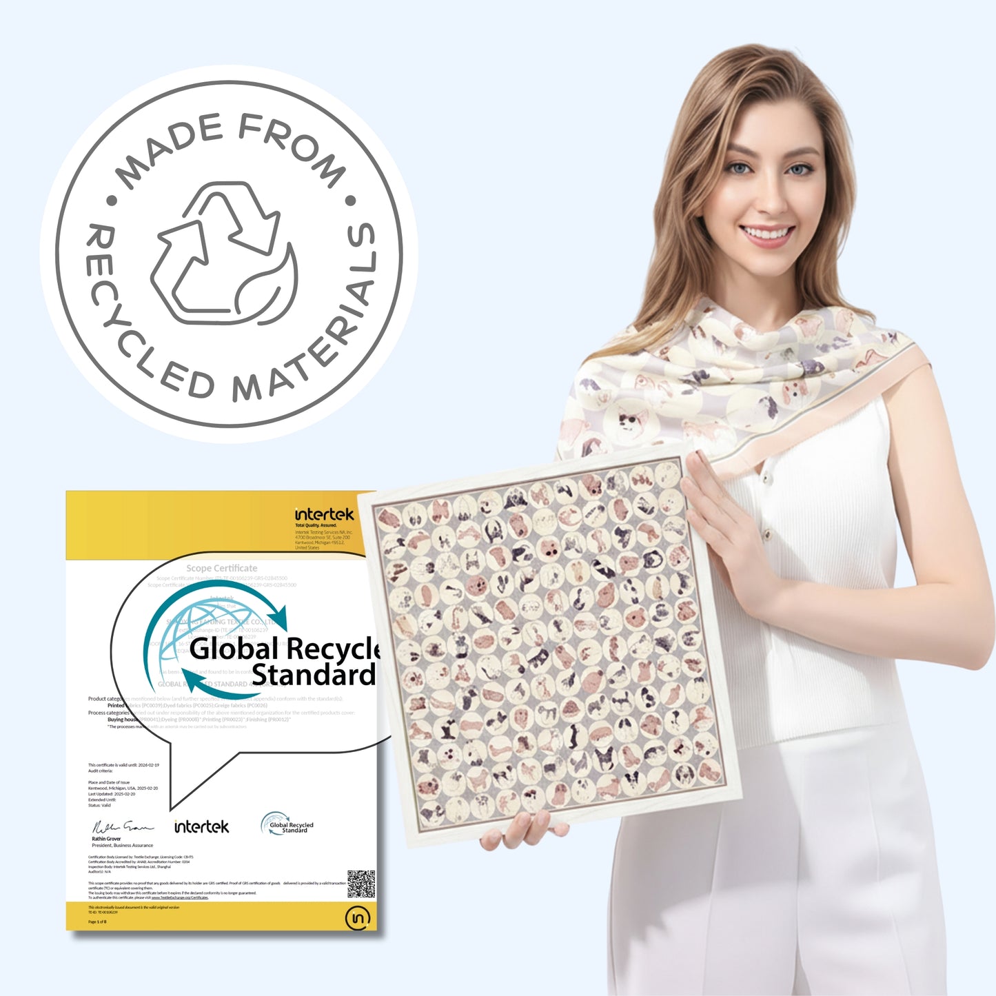 Woman holding a patterned product with 'Made from Recycled Materials' label and Intertek Global Recycling Standard certification. Sustainable Fashion Scarf
Designed for style, made with care.
• Eco-friendly elegance
• GRS Certified
• Recycled materials
• Sustainable by Design
• ESG values at heart