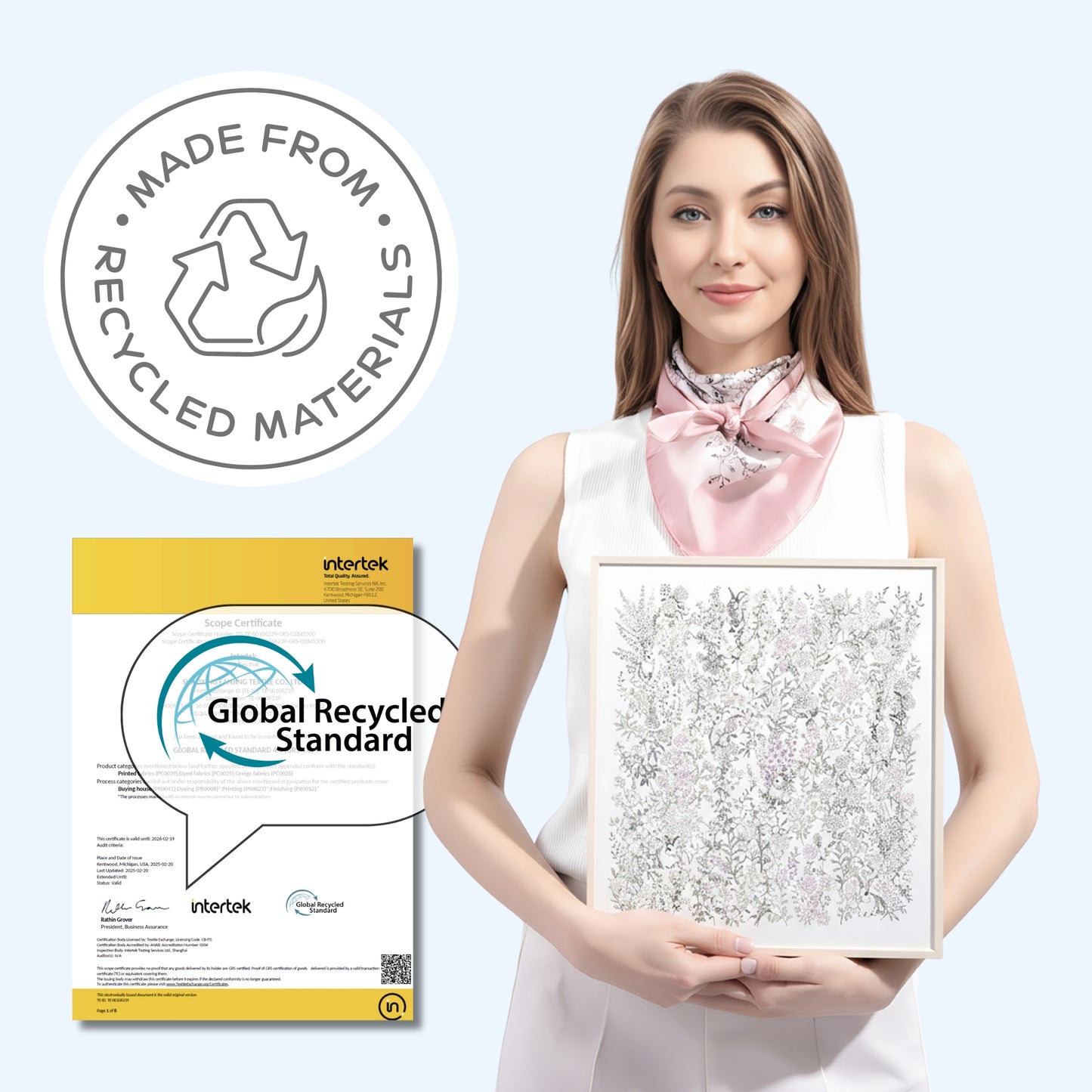 Woman holding a framed artwork with a Global Recycled Standard certification and 'Made from Recycled Materials' label.
Sustainable Fashion Scarf
Designed for style, made with care.
• Eco-friendly elegance
• GRS Certified
• Recycled materials
• Sustainable by Design
• ESG values at heart