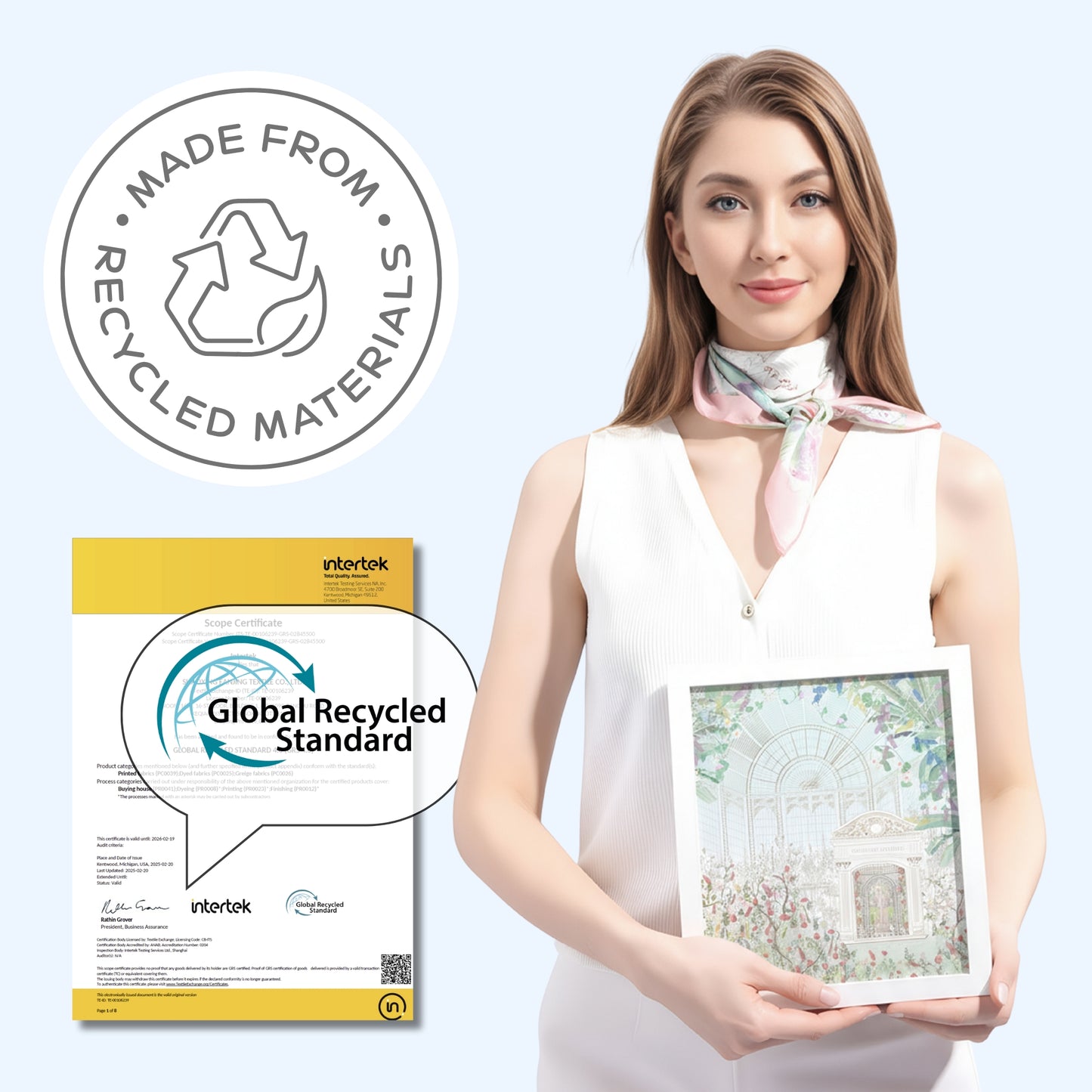Woman holding a product with 'Made from Recycled Materials' and 'Global Recycled Standard' labels.
Sustainable Fashion Scarf
Designed for style, made with care.
• Eco-friendly elegance
• GRS Certified
• Recycled materials
• Sustainable by Design
• ESG values at heart