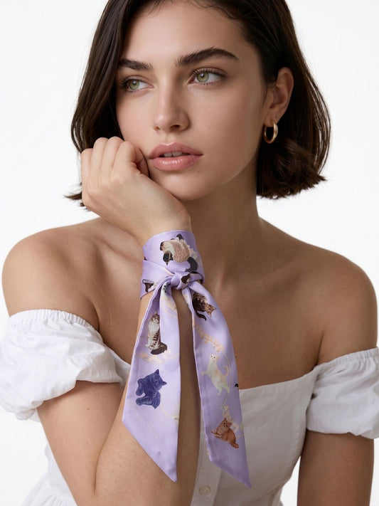 Meow Cuddle Purple Sustainable Twilly  Scarf (105cm)