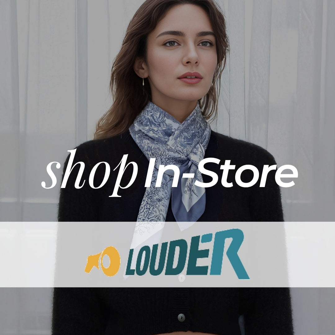 Woman wearing a scarf with 'shop In-Store' text and Louder logo.