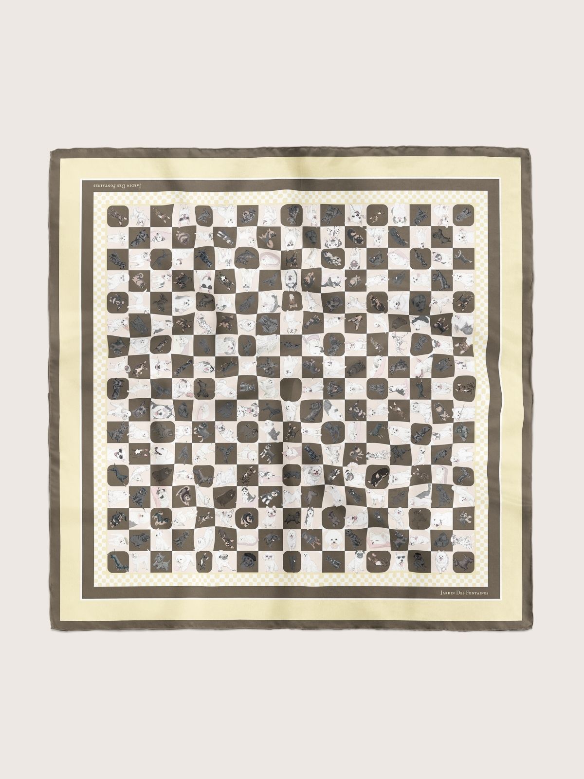 狗狗棋盤咖啡色與黃色永續設計絲巾 (70厘米)