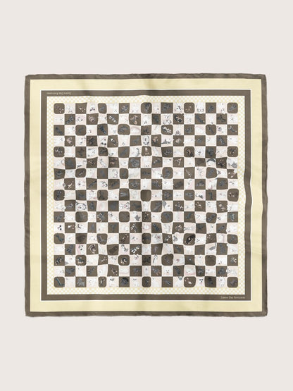 狗狗棋盤咖啡色與黃色永續設計絲巾 (70厘米)