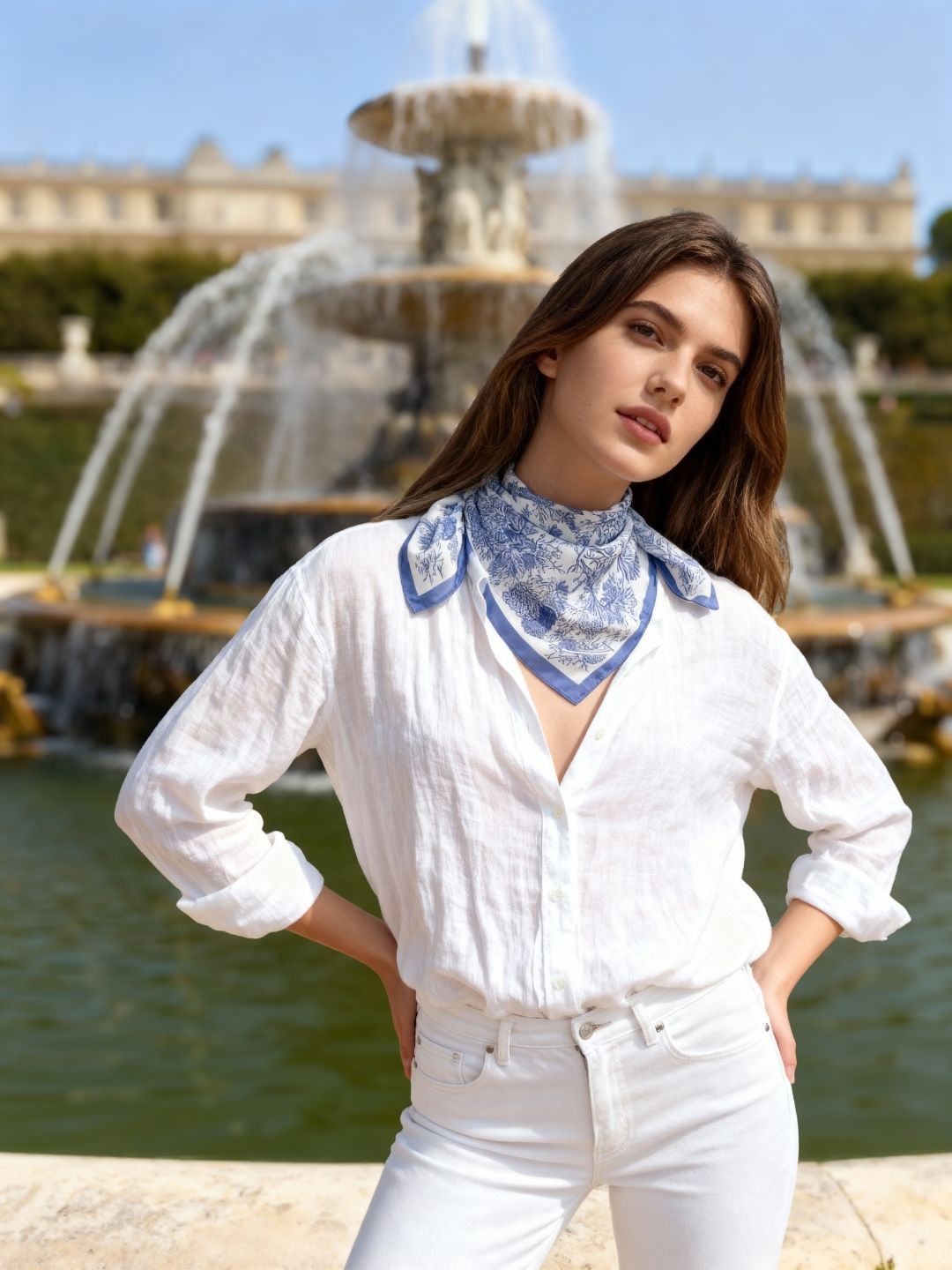 Toile De Jouy Dusty Blue Scarf (60cm)