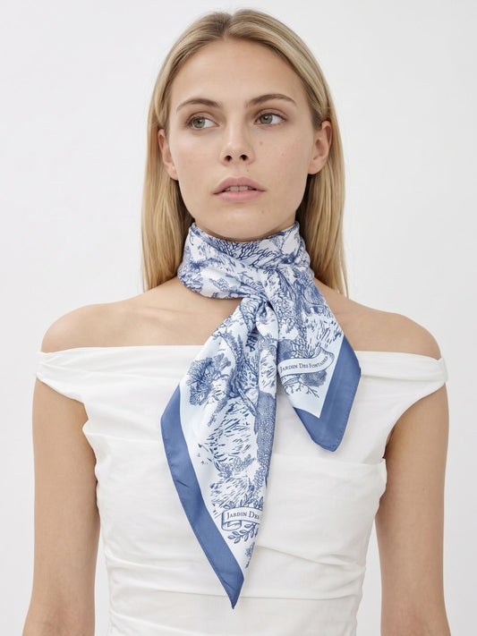 Toile De Jouy Dusty Blue Silky Scarf (90cm)