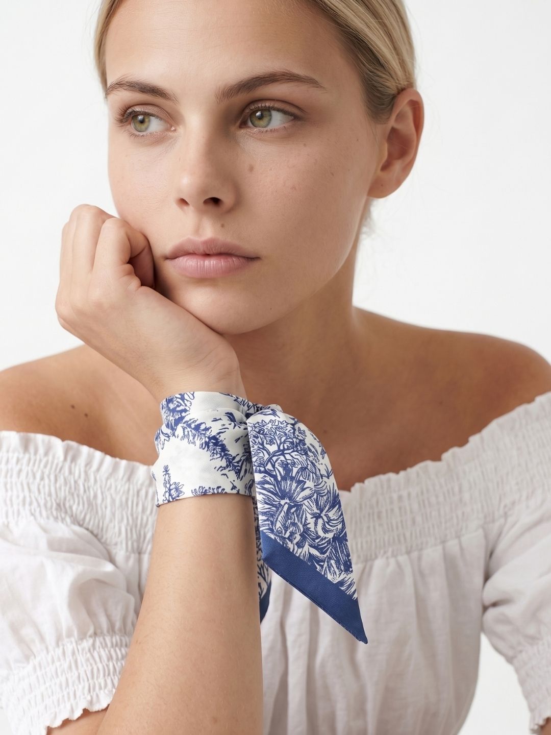 Toile De Jouy Dusty Blue Twilly Silky Scarf (105cm) - GRS Eco Scarf