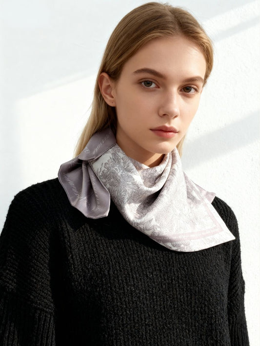 Toile De Jouy Pinkish Gray Scarf Gift Set (Double Face Silky Scarf and Scarf Ring)