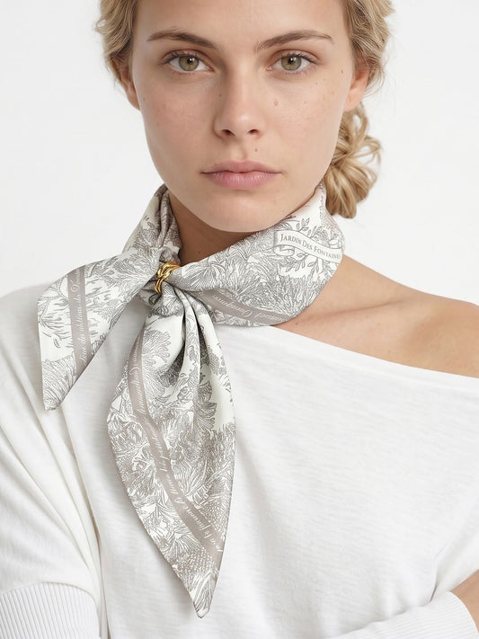 Toile De Jouy Pinkish Gray Scarf Gift Set (Double Face Silky Scarf and Scarf Ring)